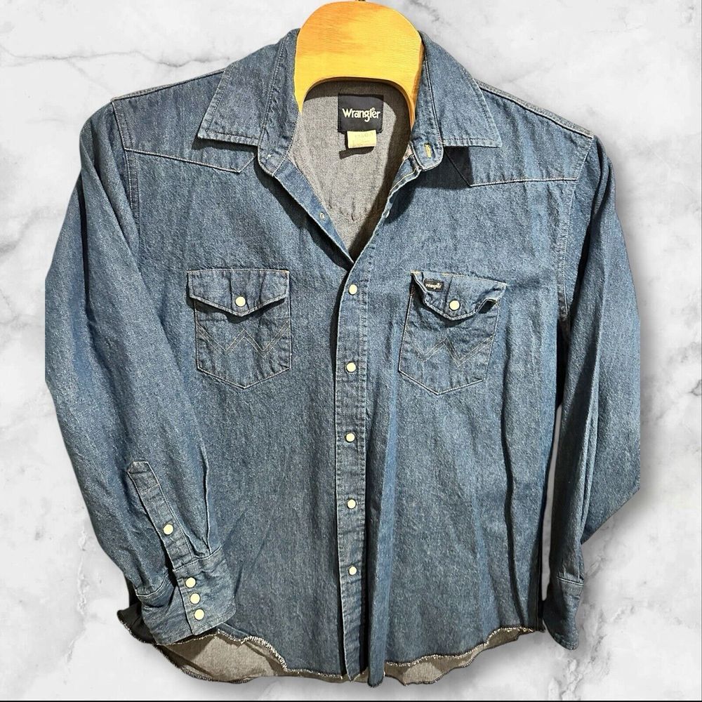 Wrangler Denim Western Work‎ Shirt Mens (XL) Long Sleeve Pearl Snap Cowboy